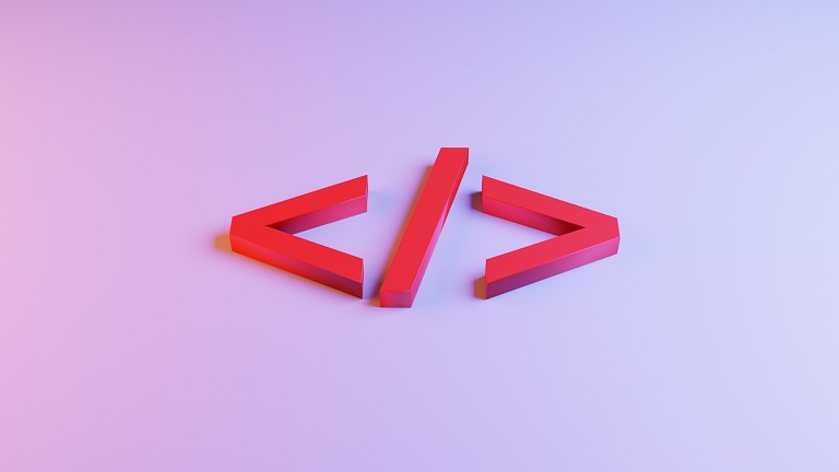 Image of a 3D, red html closing tag against a purple and blue gradient background.